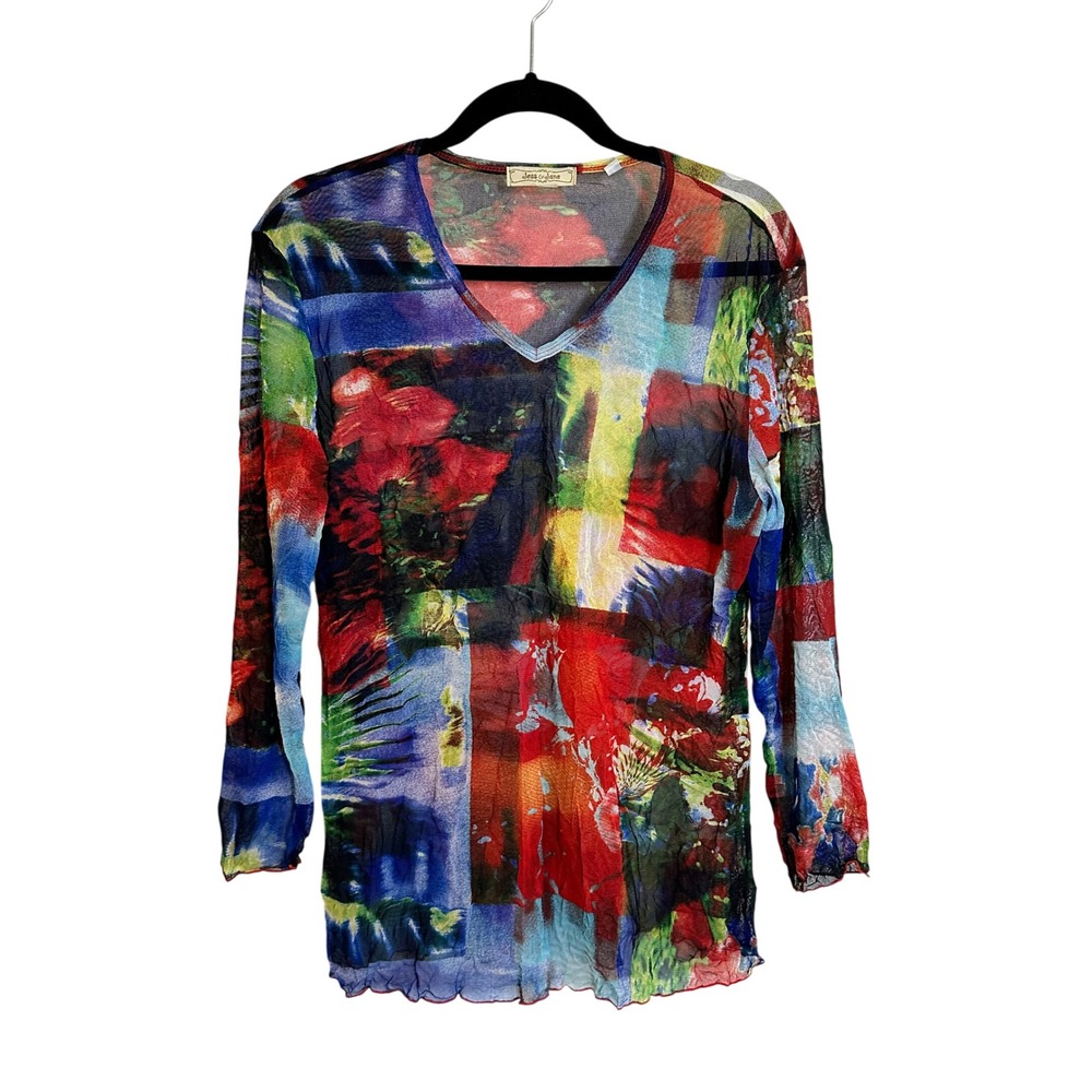 Jess & Jane Mesh Knit Long Sleeve‎ V Neck Top Size L Multicolor Colorful Artsy